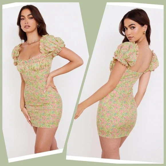 House of CB Pastel Floral Puff-Sleeve Mini Dress - Picture 2 of 7